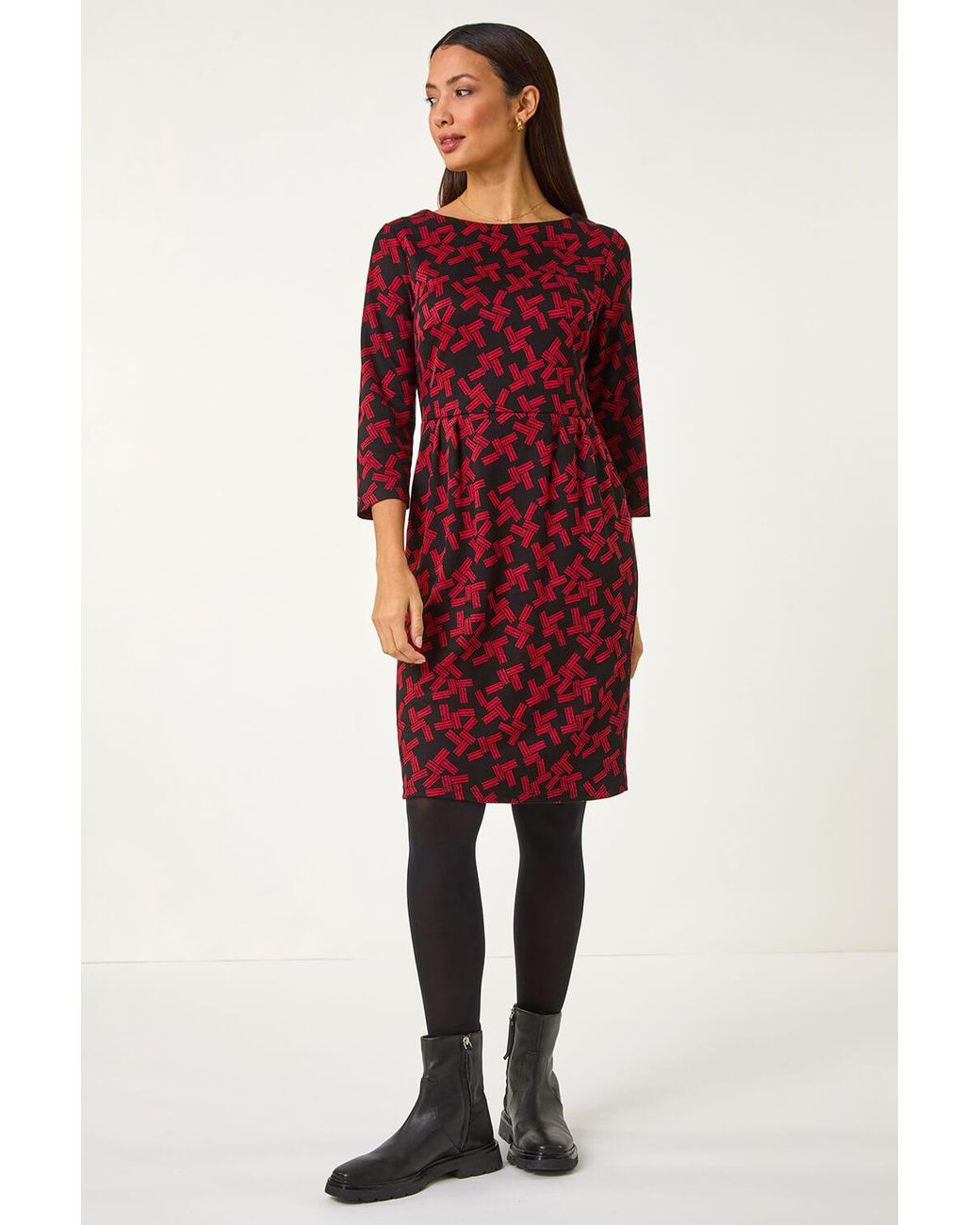 Roman Red Geometric Pleated Pocket Shift Dress