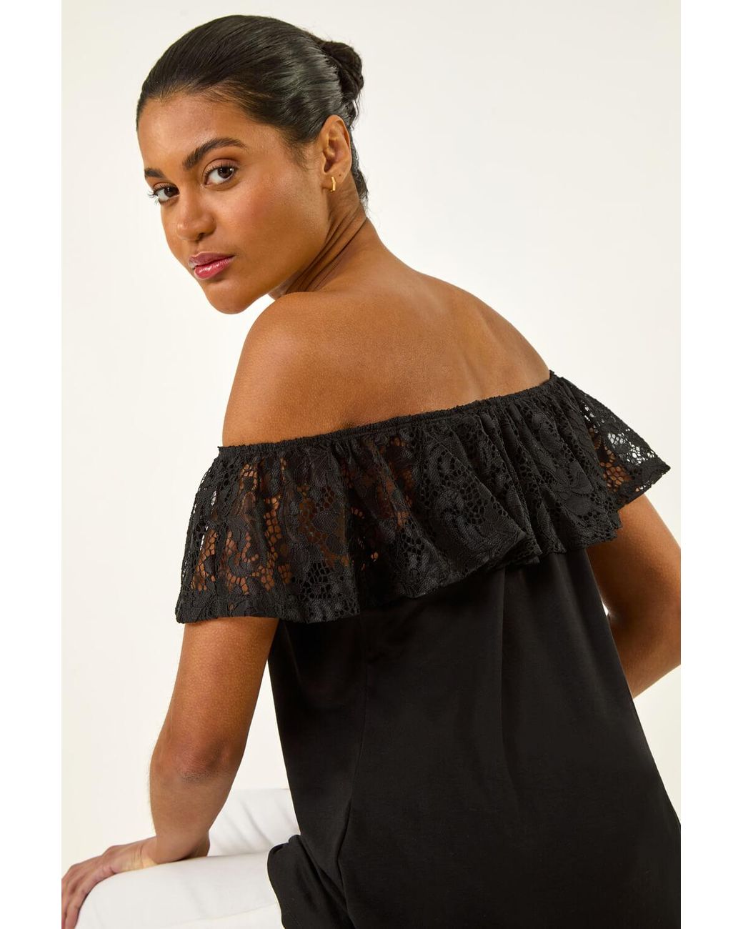 Roman Black Lace Trim Bardot Top