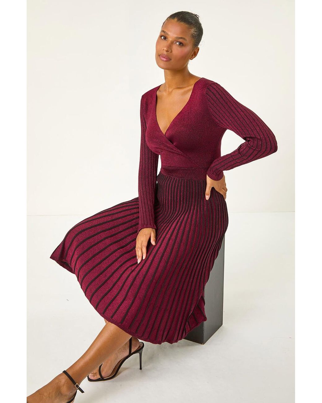 Roman Red Metallic Wrap Knitted Midi Dress