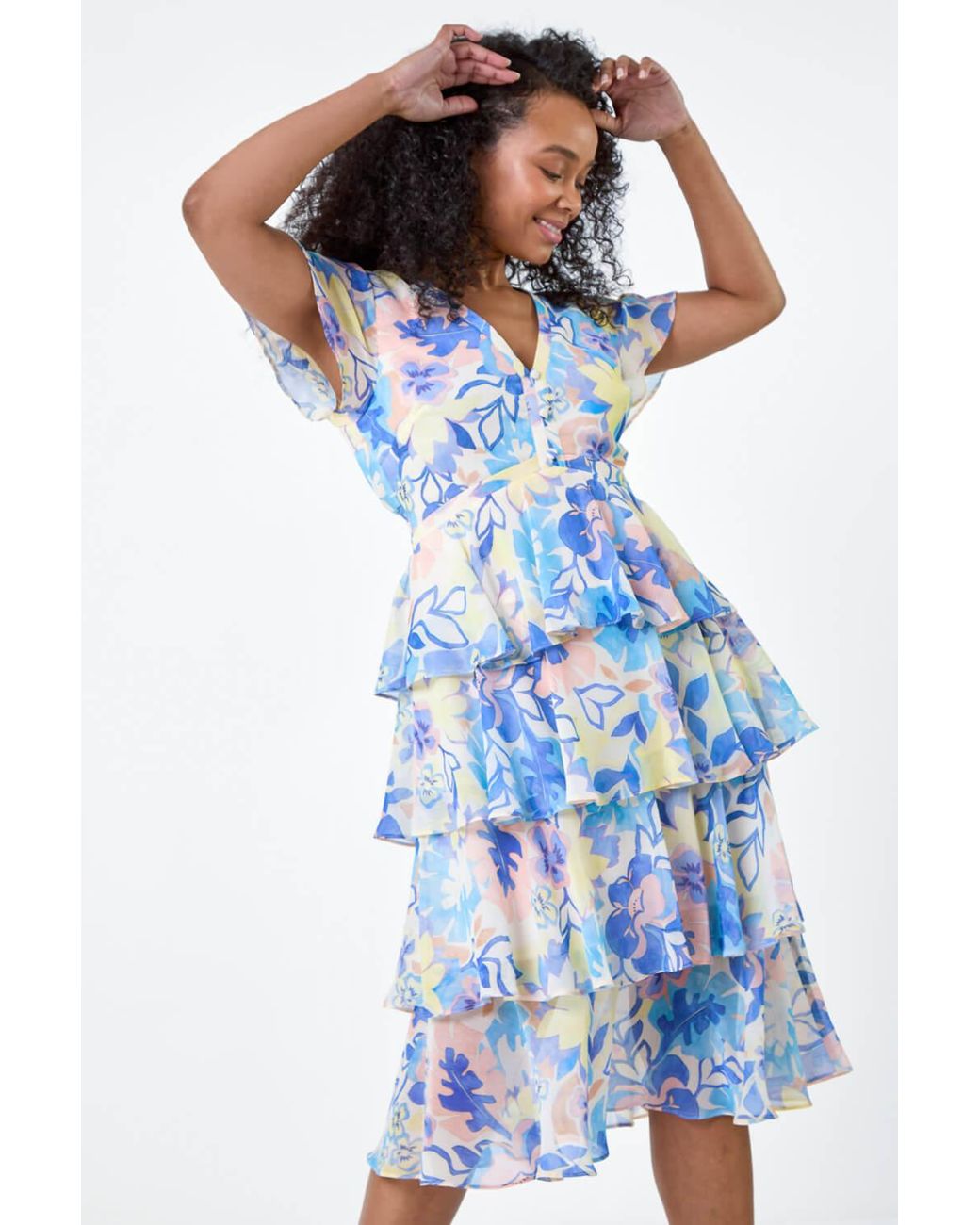 Roman Petite Blue Floral Print Chiffon Tiered Midi Dress