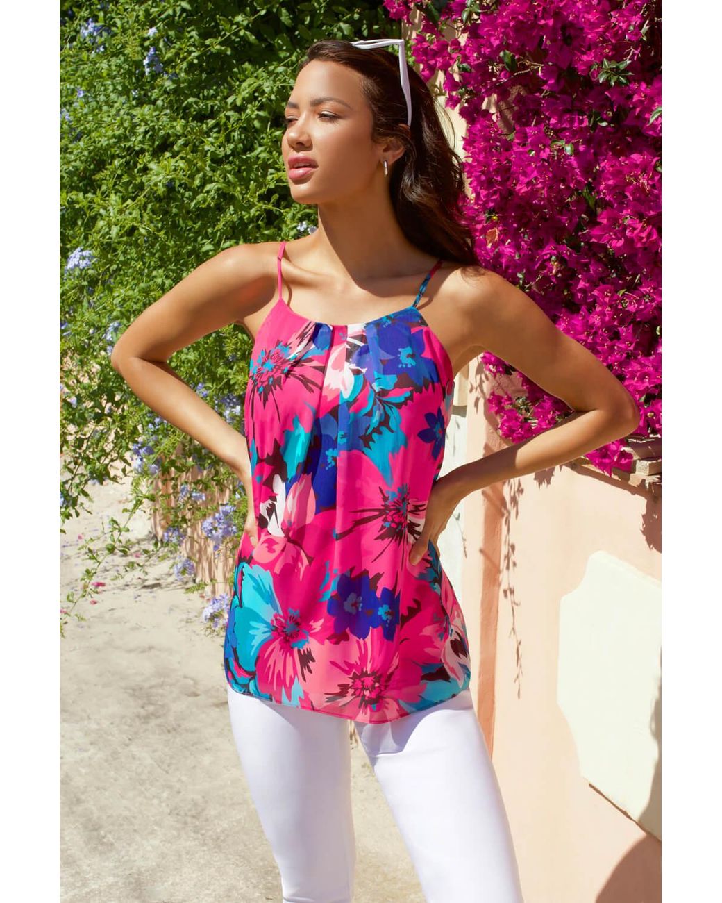 Roman White Floral Print Chiffon Cami Top