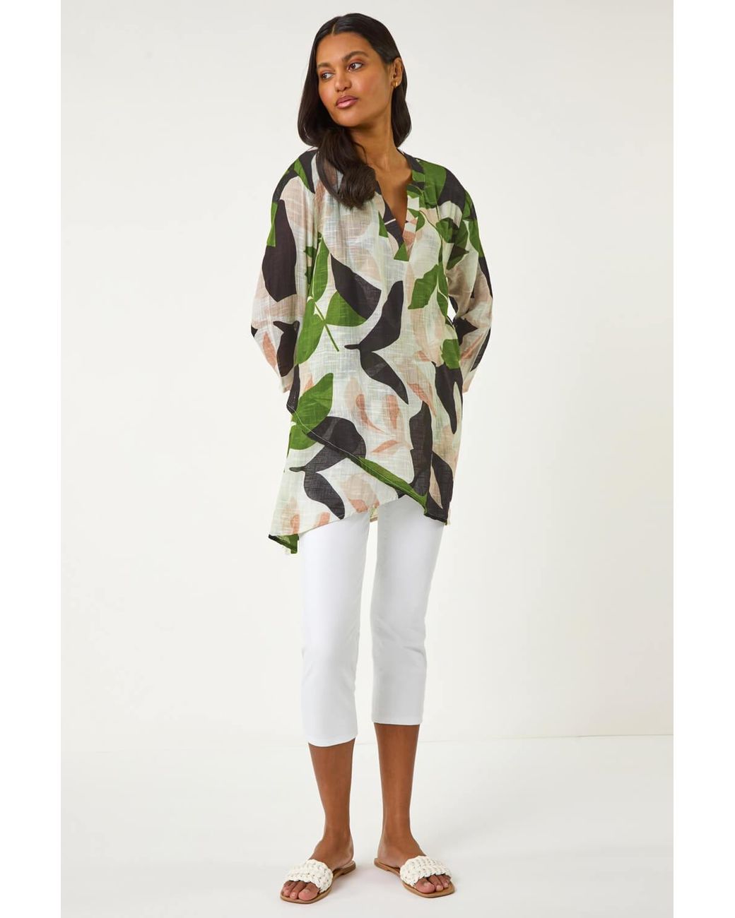 Roman Green Leaf Print Wrap Front Tunic Top