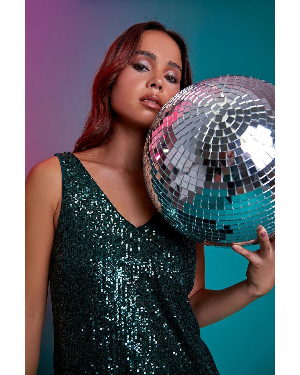 Roman Petite Green Sequin Sparkle V-Neck Vest Top