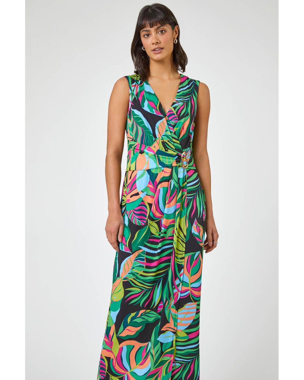 Roman Green Tropical Print Belted Wrap Dress