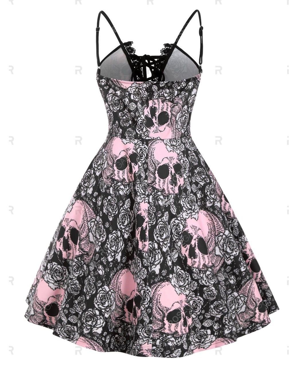 Rosegal Synthetic Lace Trim Halloween Skull Print Lace Up Plus Size Dress  in Black - Lyst