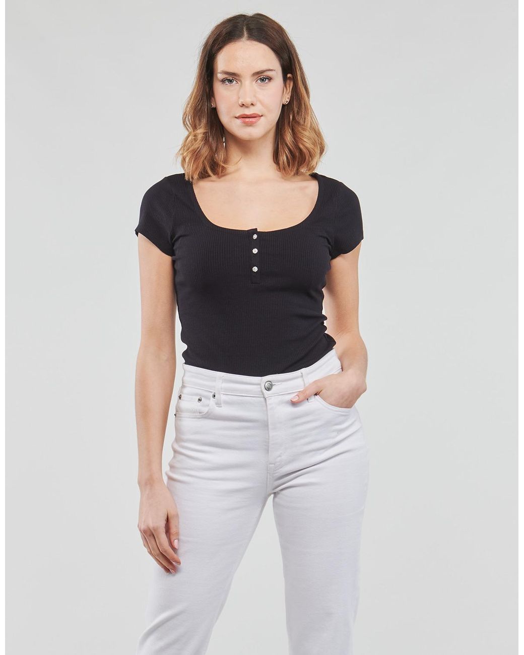Guess Black T Shirt Es Ss Karlee Jewel Btn Henley