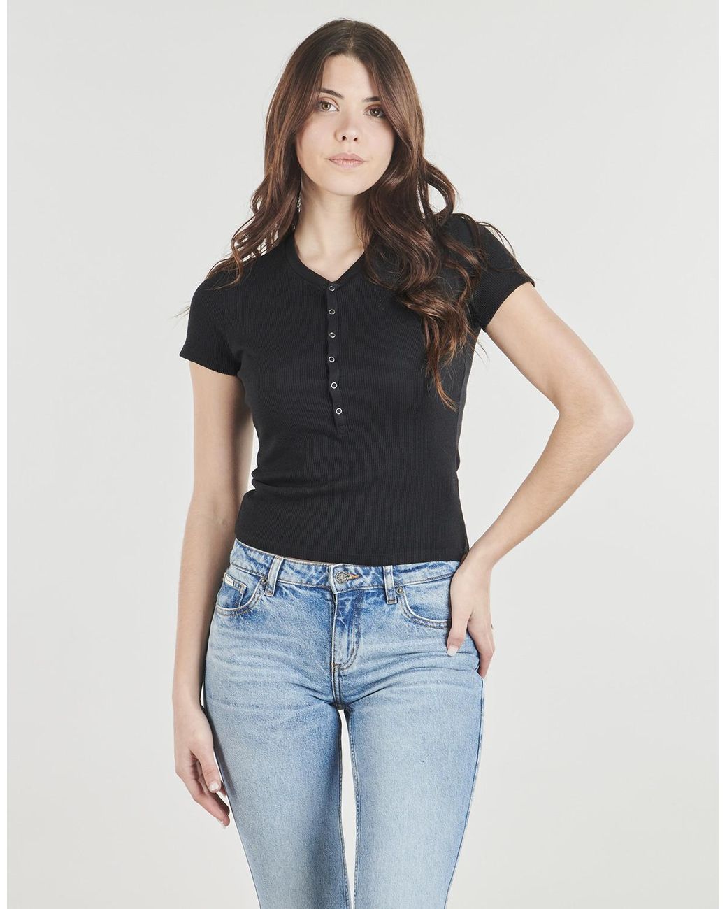 Guess Black T Shirt Gj Ss Henley Waffle