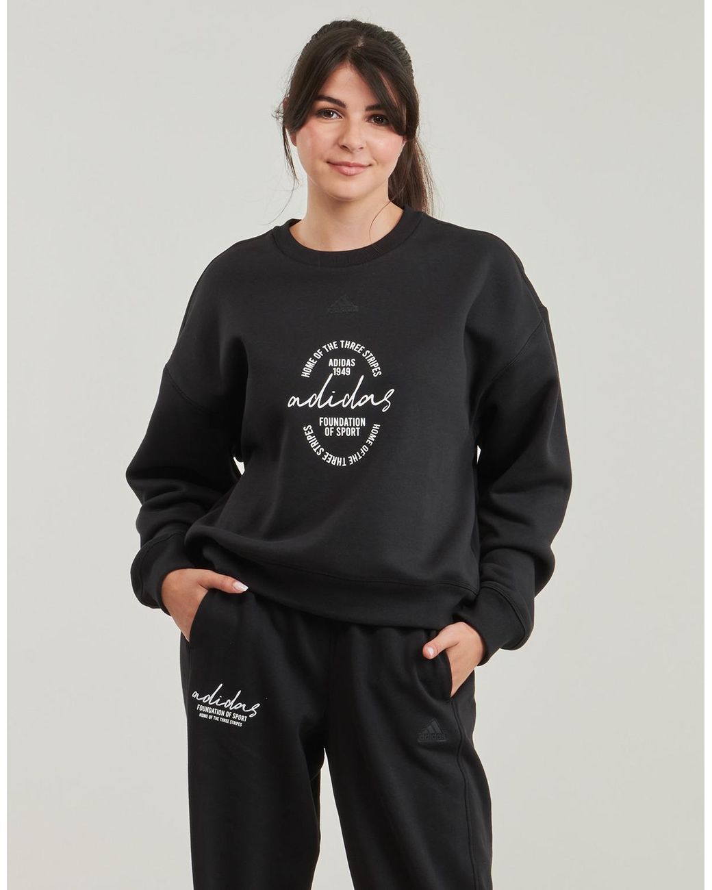 Adidas Black Sweatshirts Signature Graphic Print Fleece Loose Sweatshirt