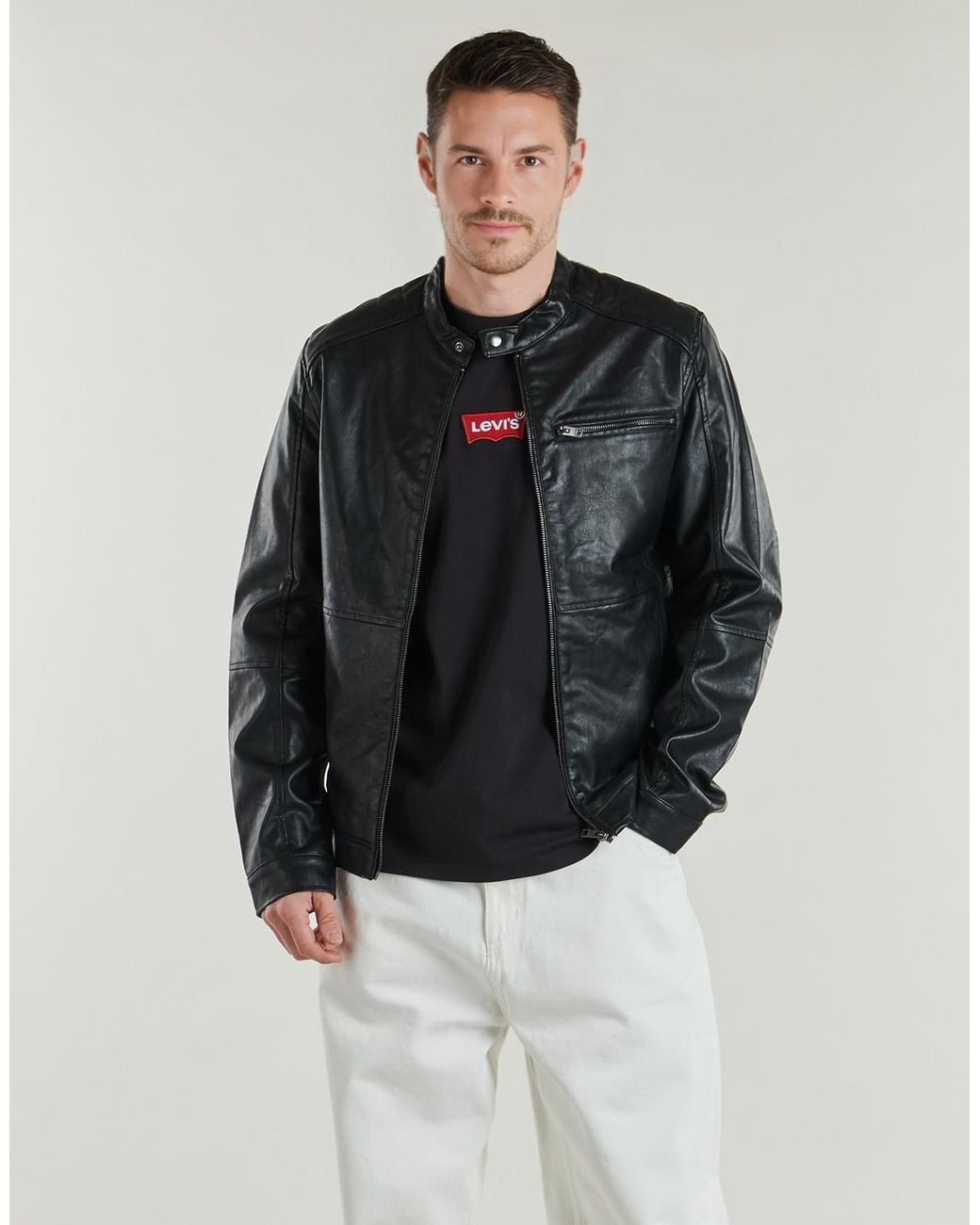 Jack & Jones Black Leather Jacket Jjedylan Pu Biker for men
