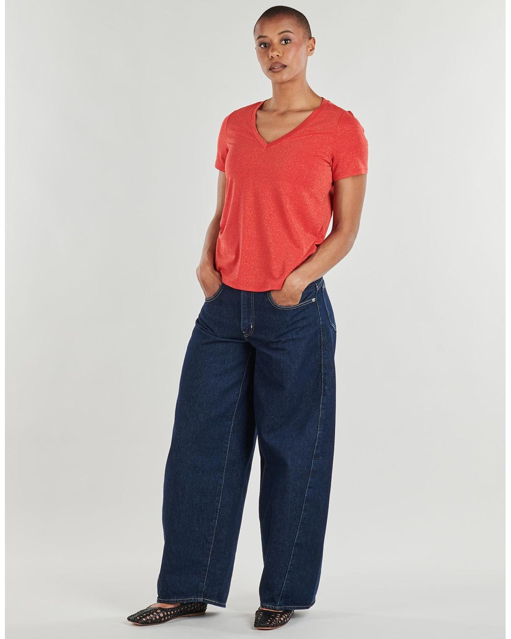 Vila Red T Shirt Viluxi Glitter V-neck