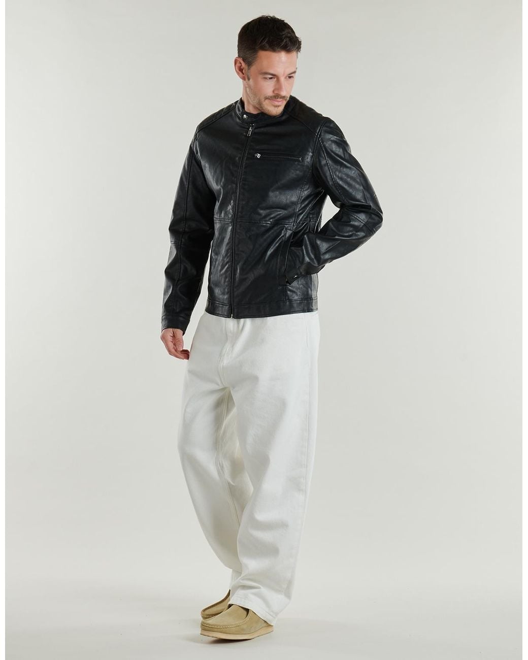 Jack & Jones Black Leather Jacket Jjedylan Pu Biker for men