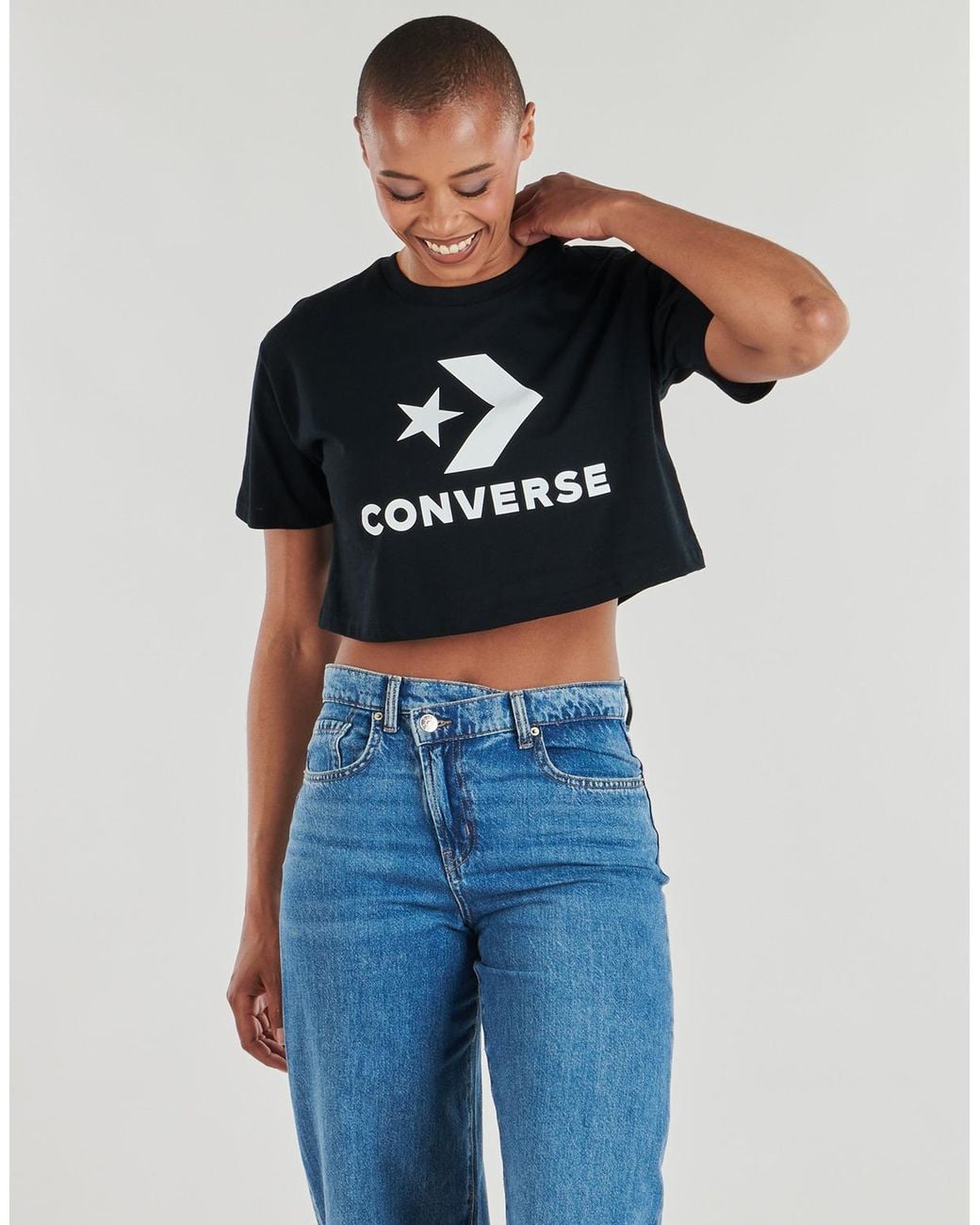 Converse Black T Shirt Star Chevron Sporty Crop Tee