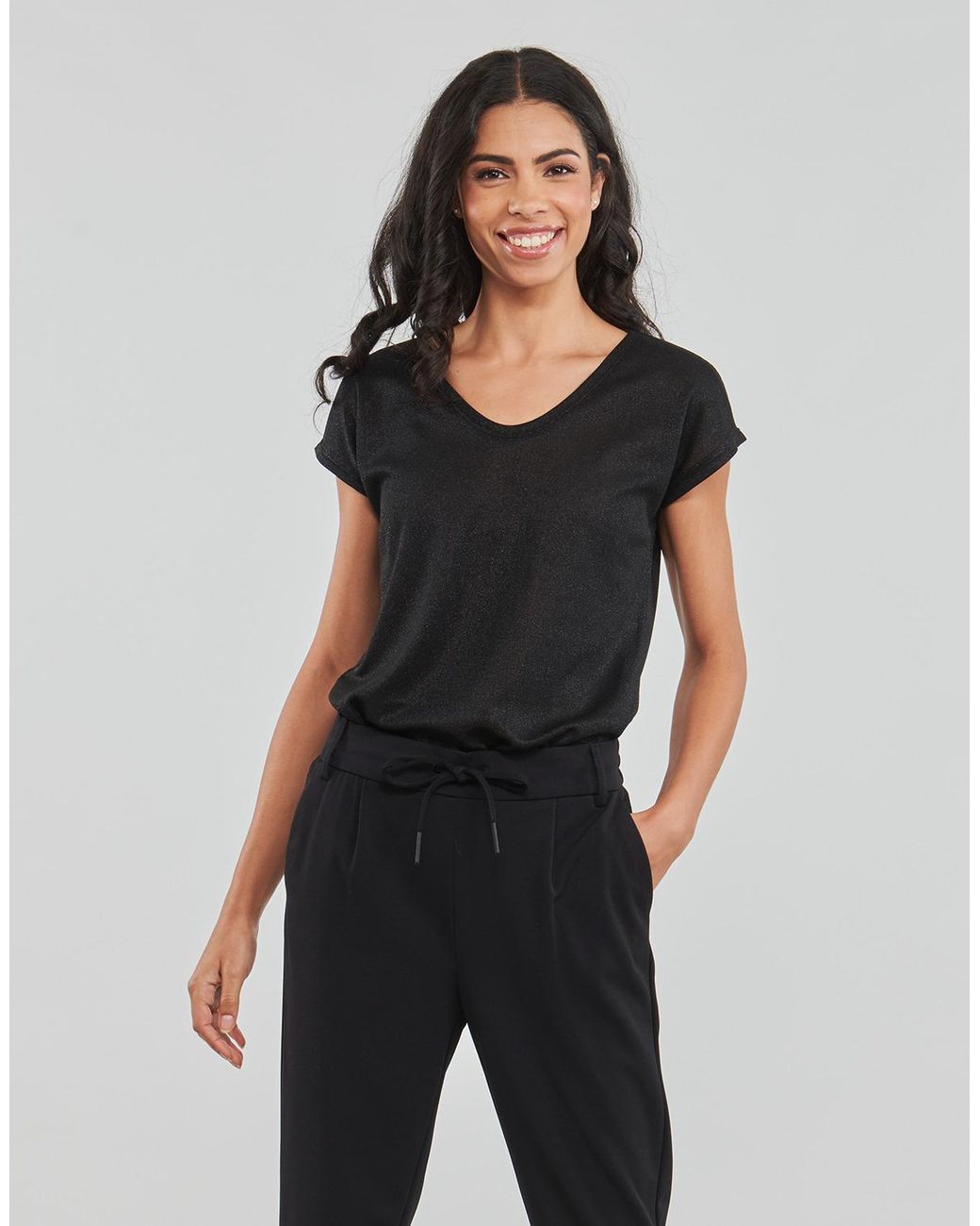 ONLY Black Onlsilvery S/s V Neck Lurex Top Jrs Blouse