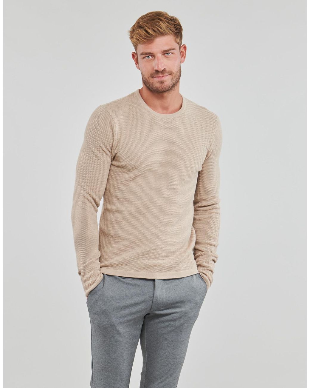 Only & Sons Gray Onspanter Life 12 Struc Crew Knit Sweater for men