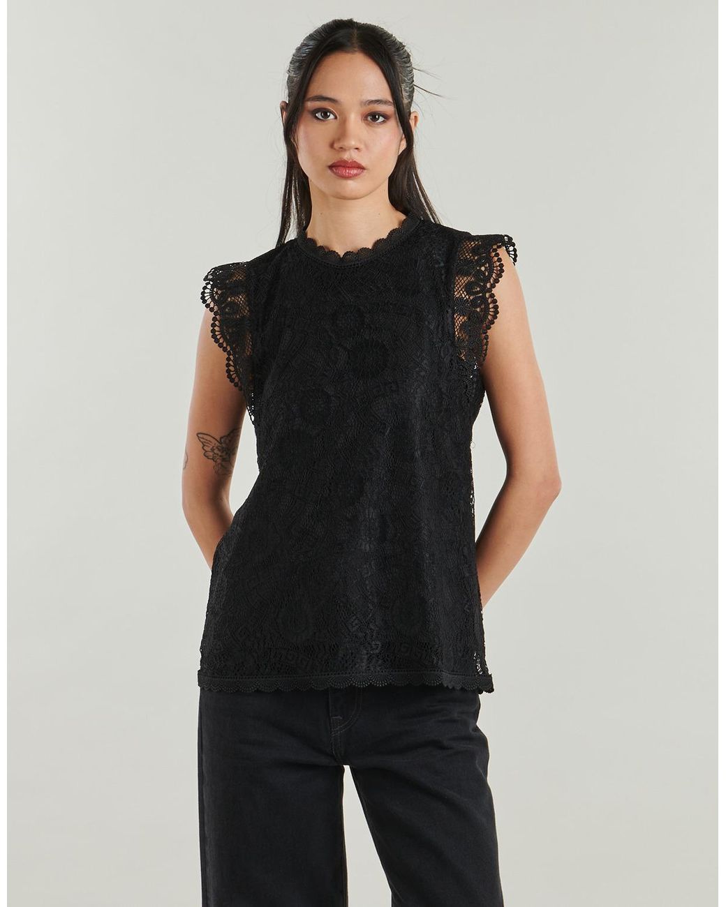 Pieces Black Blouse Pcolline Sl Lace Top