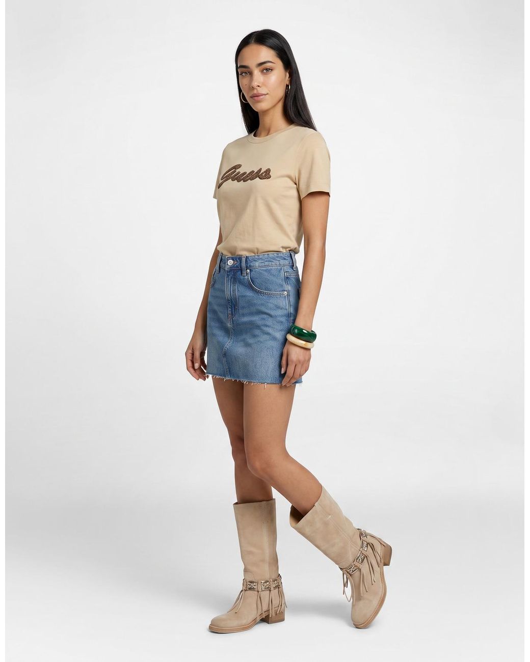 Guess Natural T Shirt Ss Cn Beads Script Tee