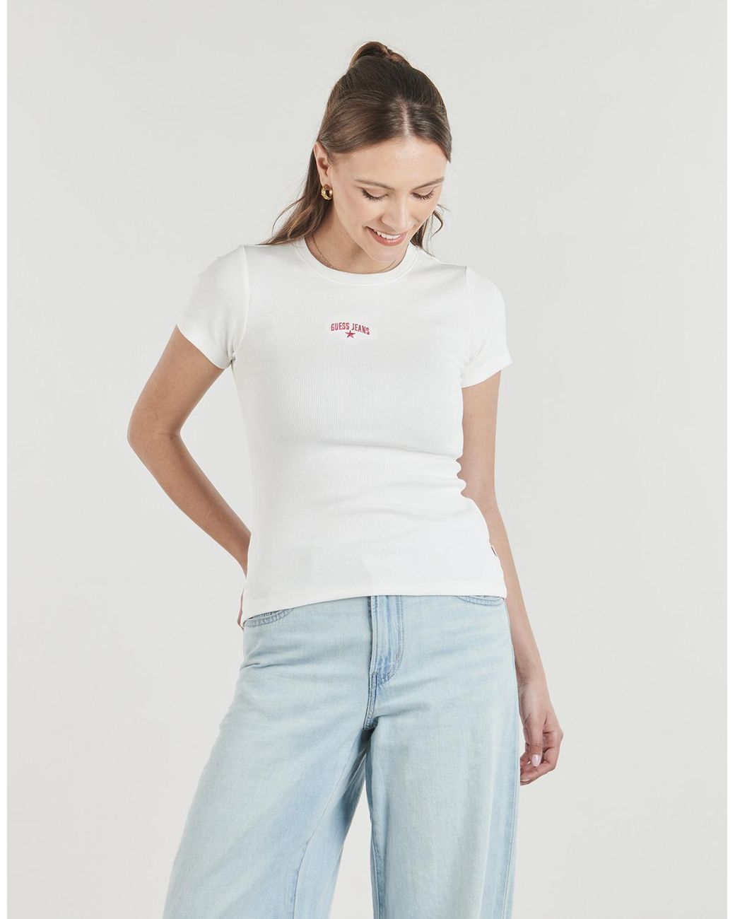 Guess White T Shirt Gj Ss Cn Rib Embro