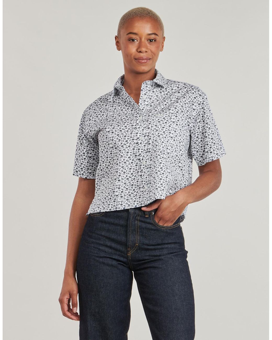 Guess Gray Shirt Ss Camp Collar Boxy Shirt