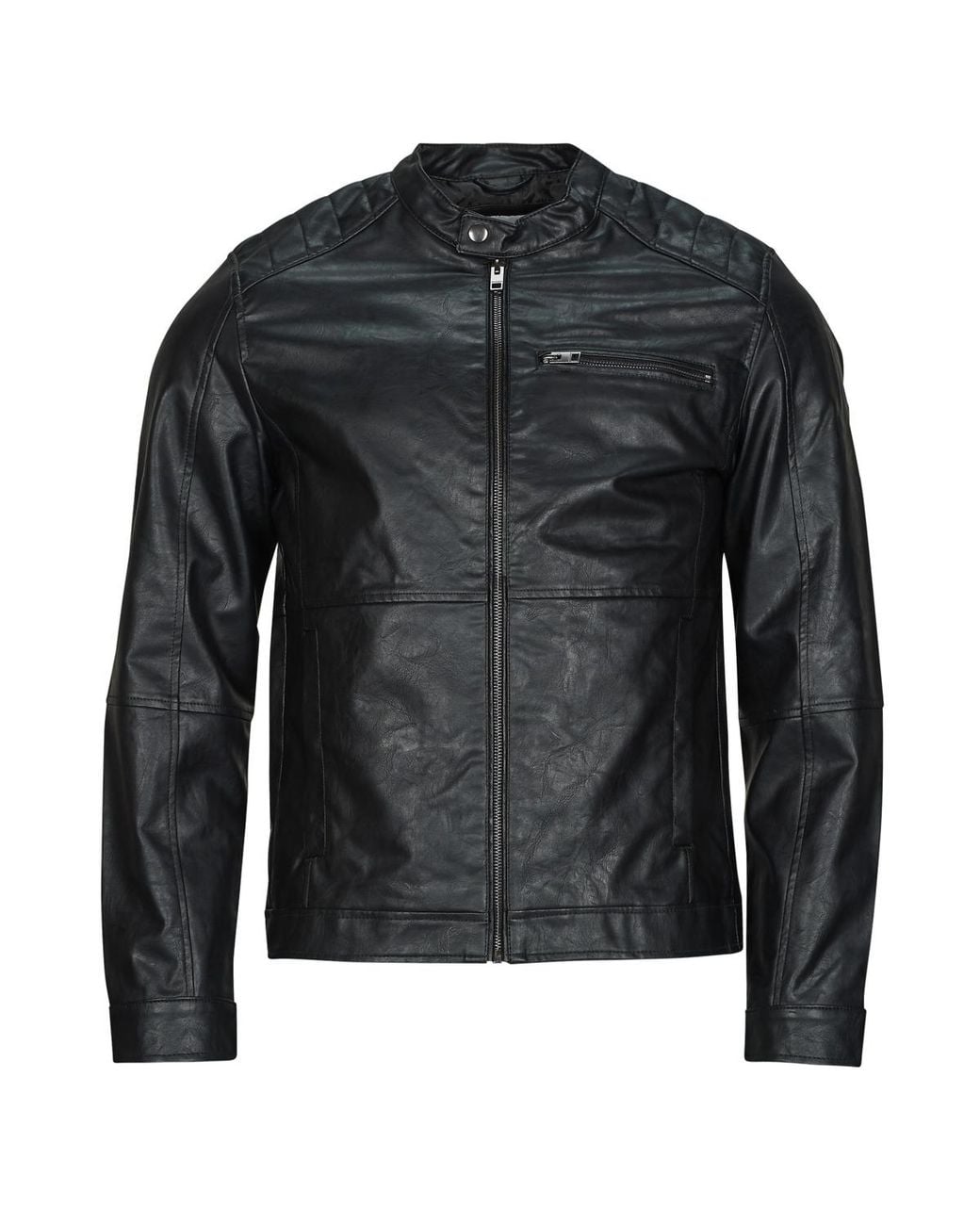 Jack & Jones Black Leather Jacket Jjedylan Pu Biker for men