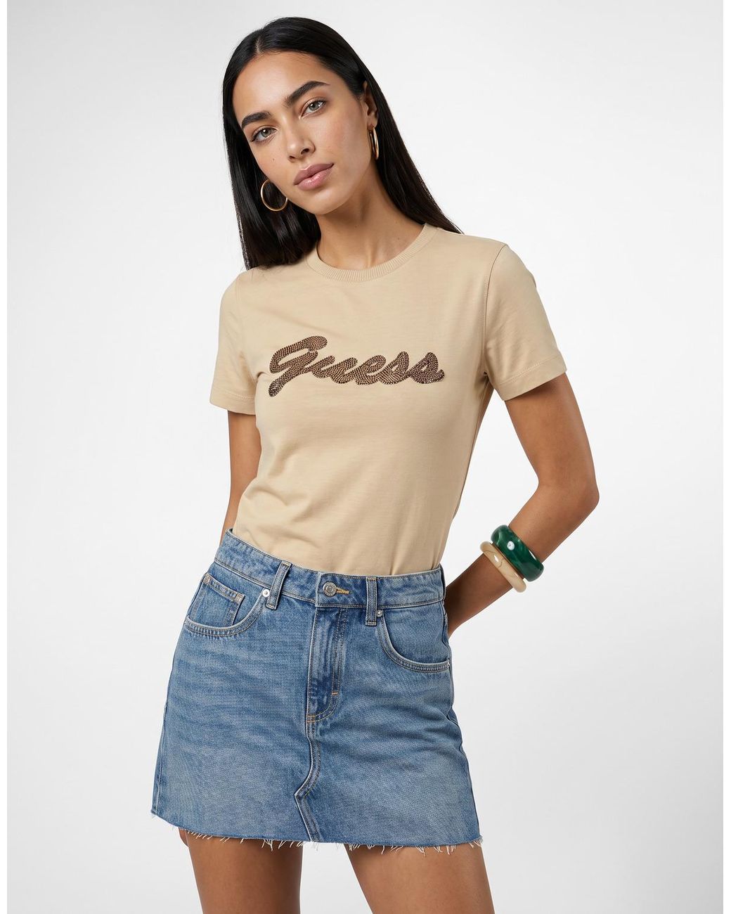 Guess Natural T Shirt Ss Cn Beads Script Tee