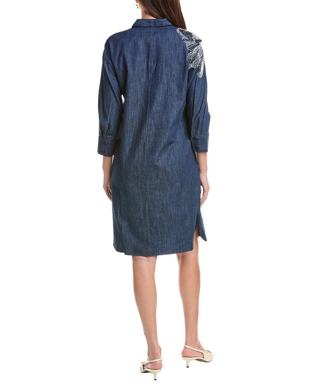 Teri Jon Blue Denim Beaded Trim Tunic Dress