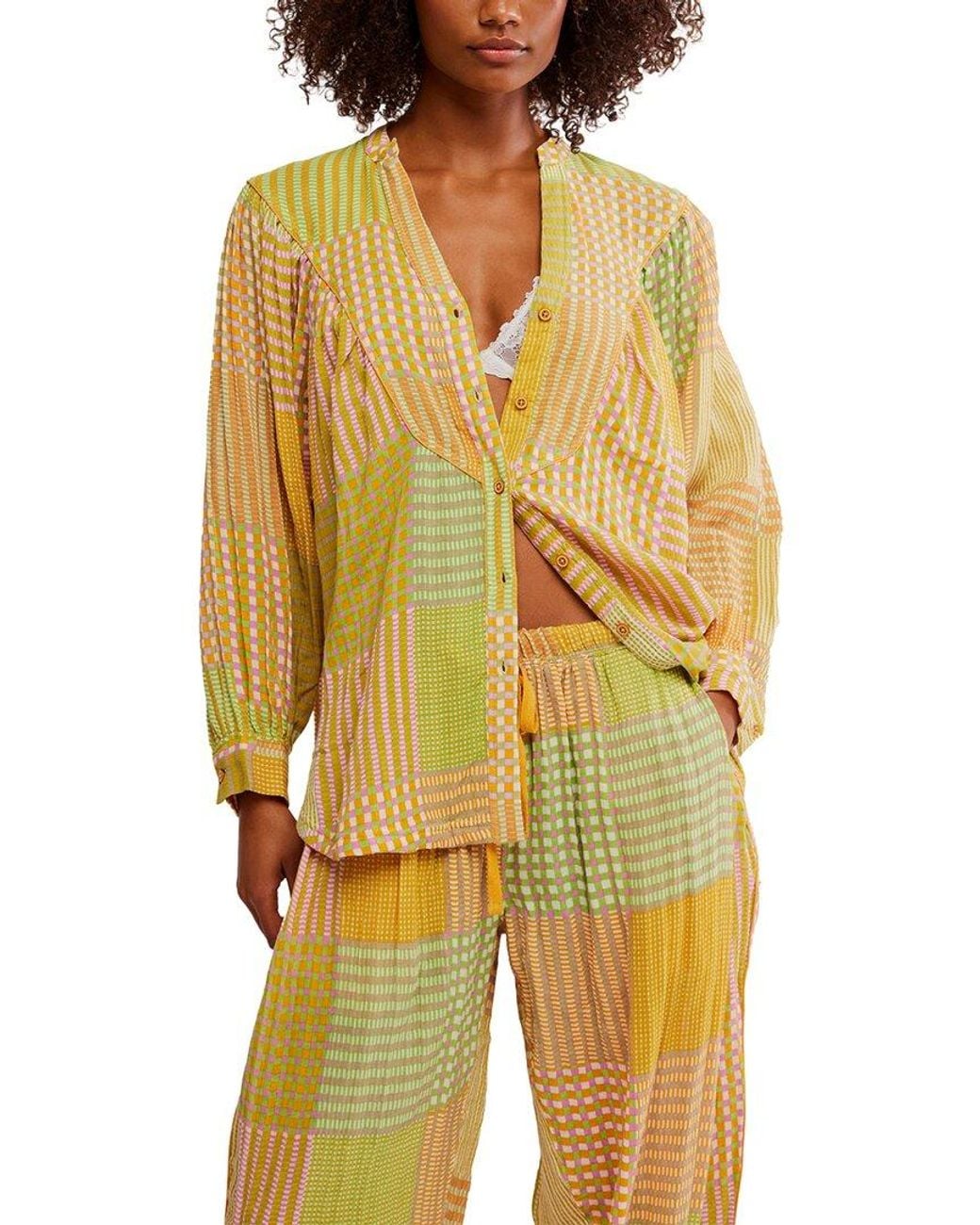 Free People Yellow Night After Night Pajama Shirt