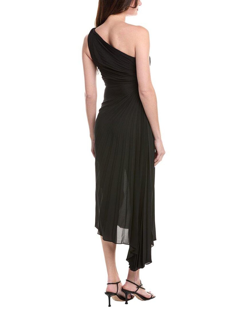 Nicole Miller Black Accordion Pleated One-Shoulder Midi Dress