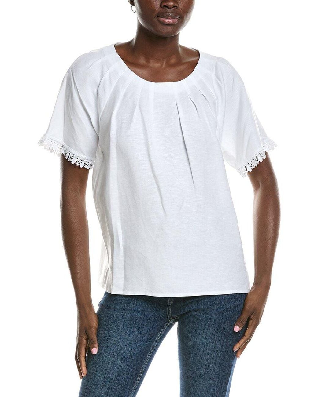 Anne Klein White Pleated Neck Raglan Linen-Blend Blouse