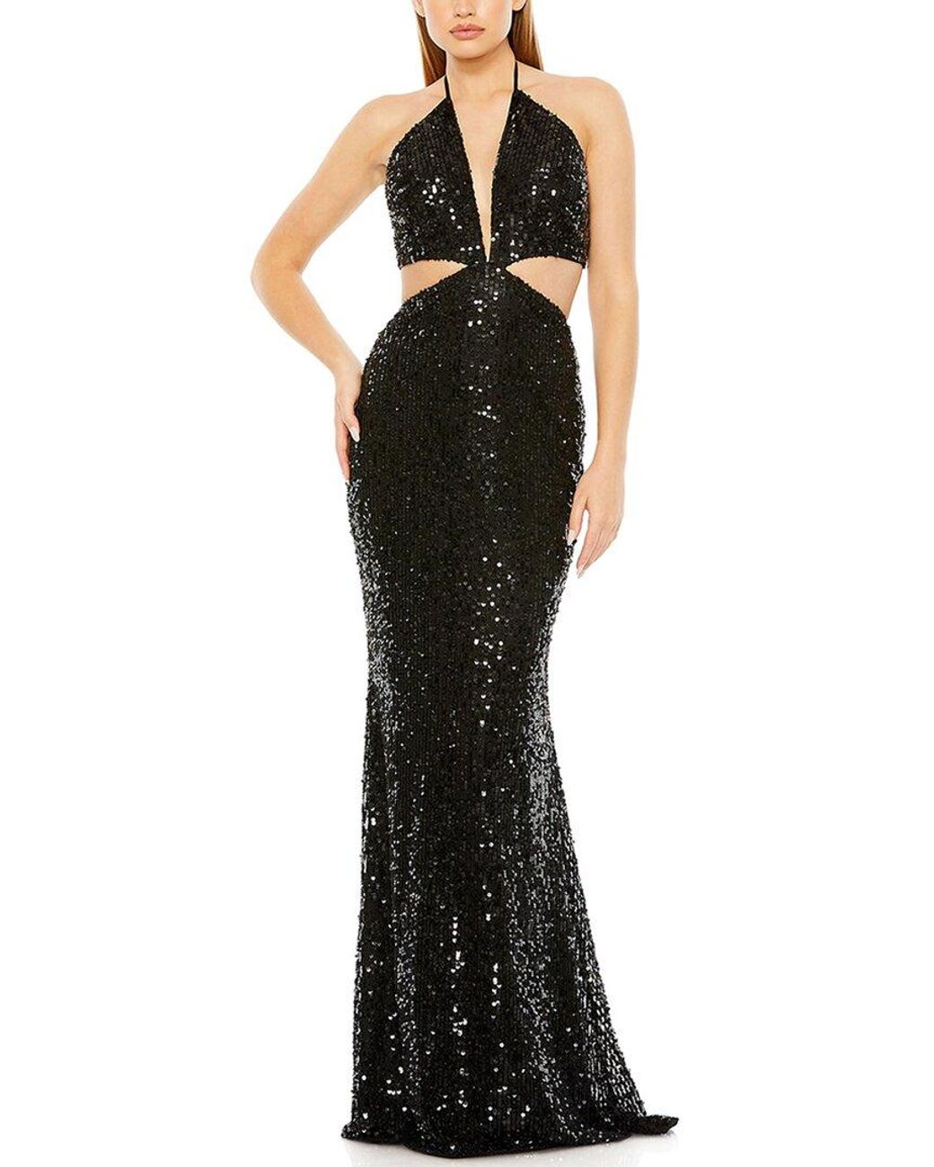 Mac Duggal Black Cut Out Halter Tie Back Sequin Gown