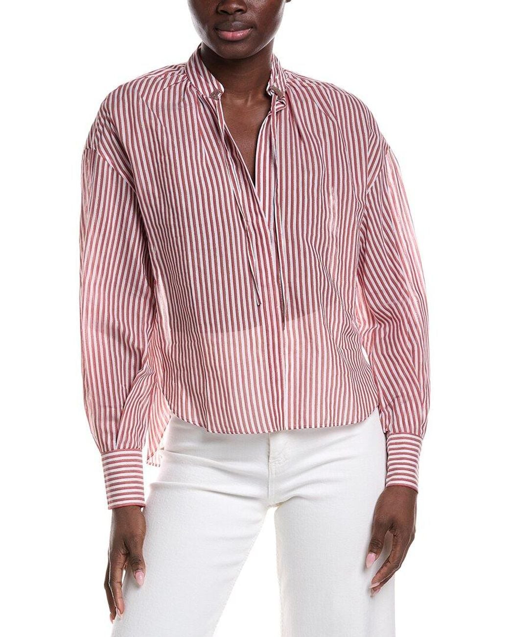 Brunello Cucinelli Red High-Low Tie Neck Silk-Blend Shirt