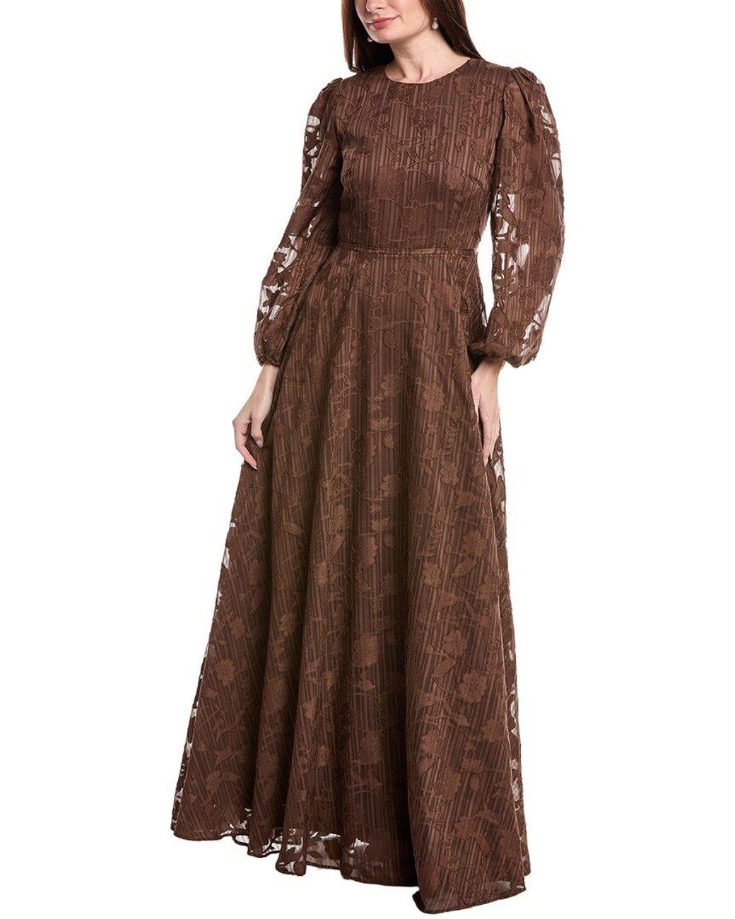 Rene Ruiz Brown Bishop Sleeve Ornate Texture Empire Gown