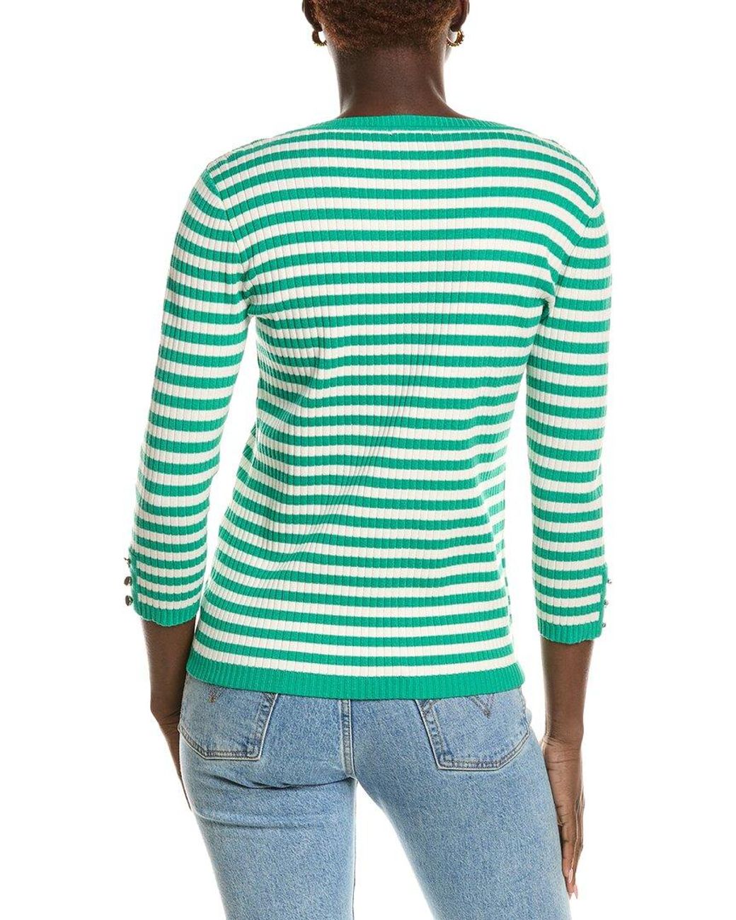 Jones New York Green Rib Boat Neck Stripe Top