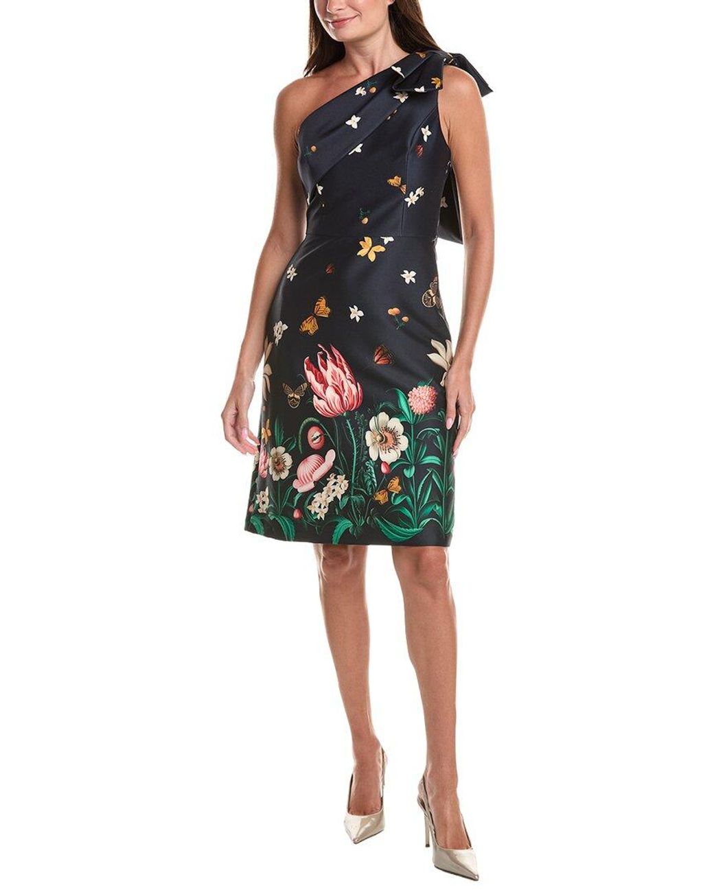 Teri Jon Green Mikado Floral Butterfly One-Shoulder Cocktail Dress