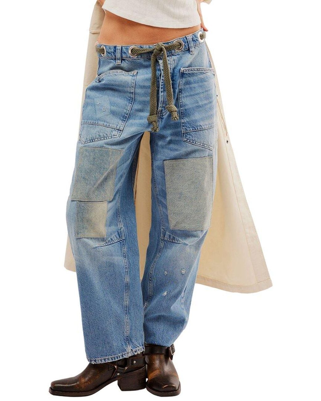 Free People Blue Moxie Low Slung Pull On Barrel Jean