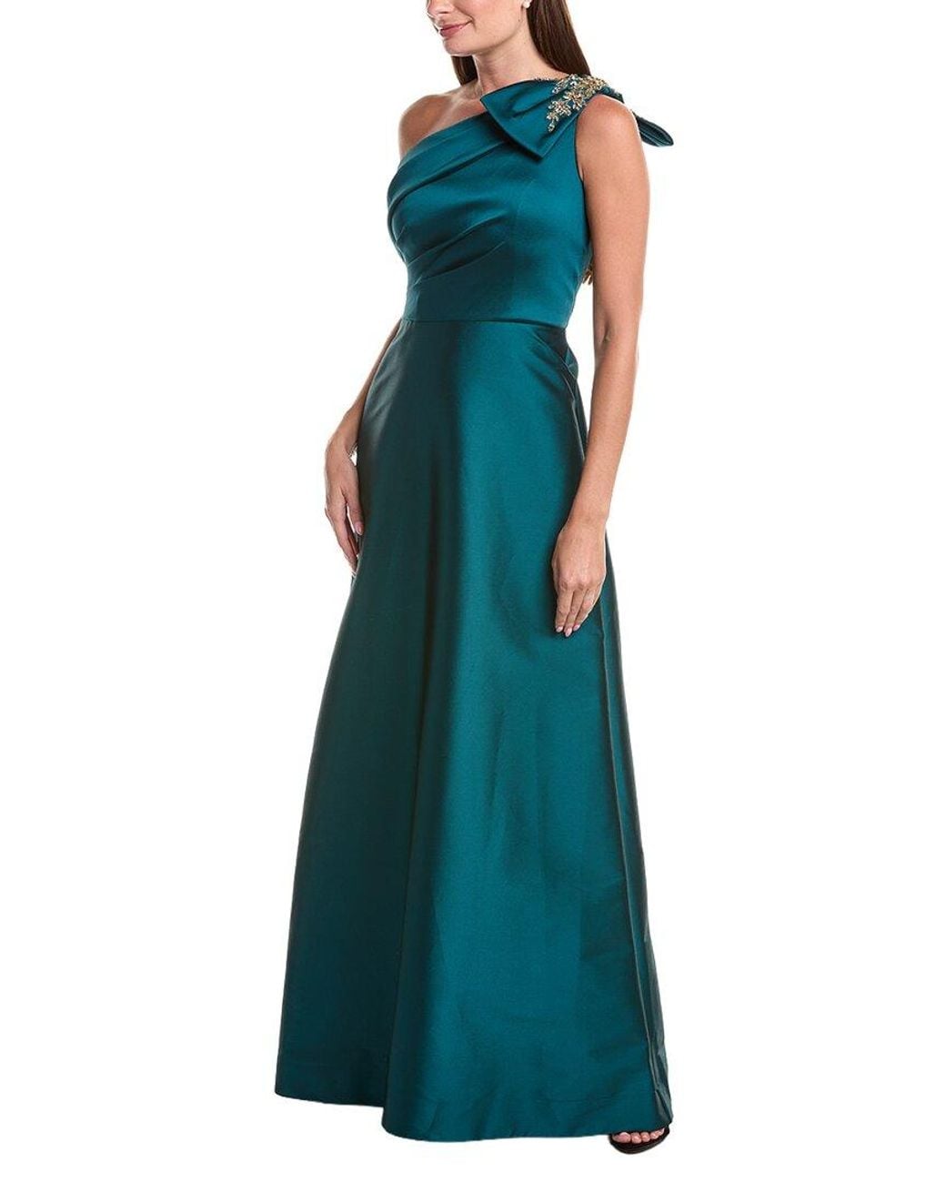 Teri Jon Green Mikado Asymmetrical Jewel Bow Shoulder Gown