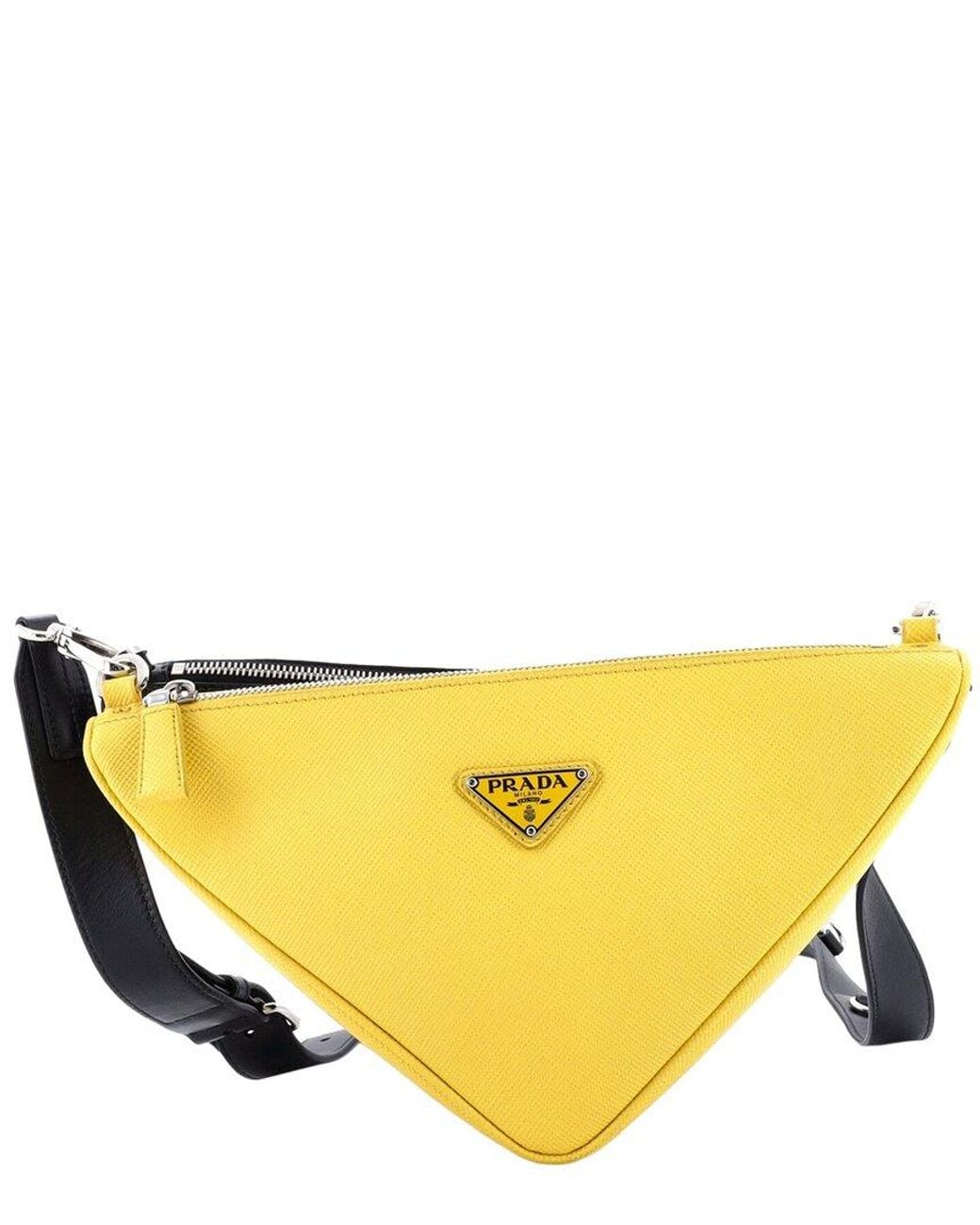 Prada Yellow Saffiano Leather Double Triangle Logo Zip Shoulder Bag (Authentic Pre-Loved)