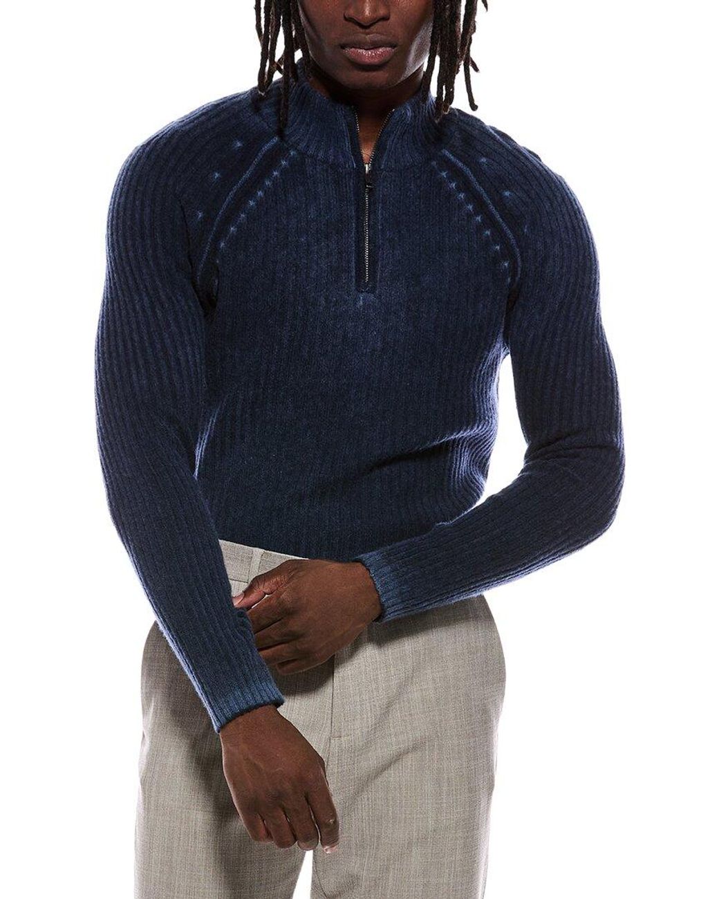Autumn Cashmere Blue Inked Ribbed Wool & Cashmere-Blend 1/4-Zip Mock Neck Sweater for men