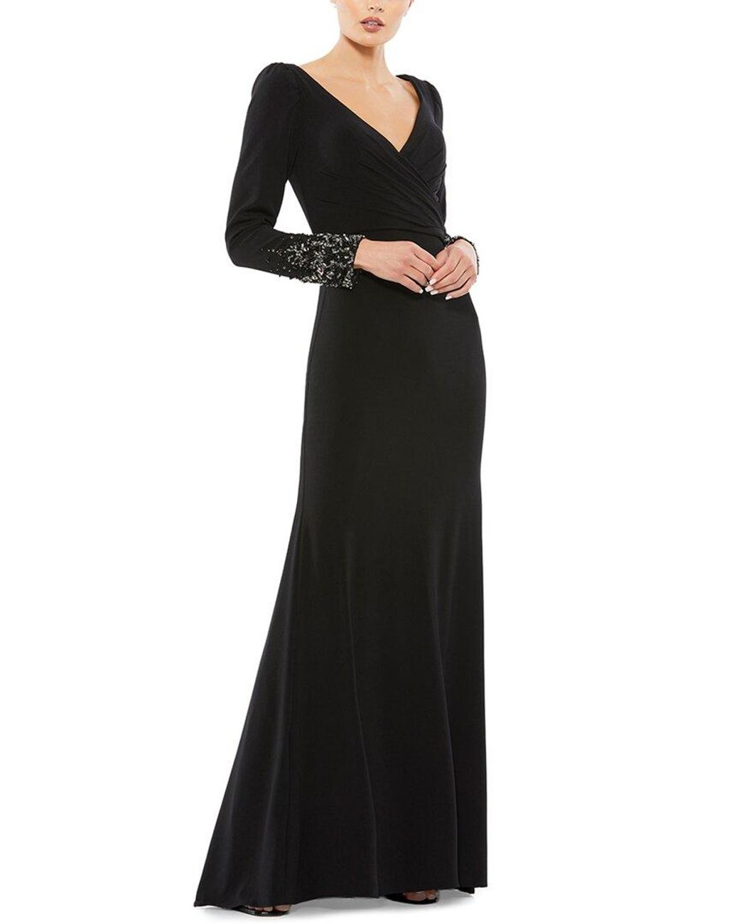 Mac Duggal Black Beaded Cuff Long Sleeve Wrap Over Trumpet Gown