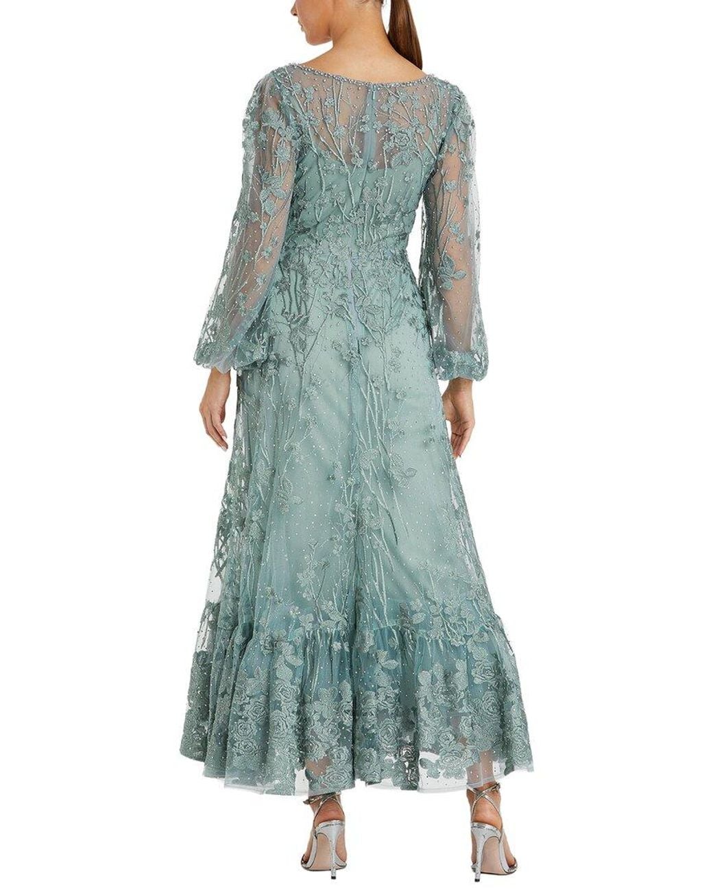 Mac Duggal Blue V-Neck Mech Puff Sleeve A-Line Embellished Dress