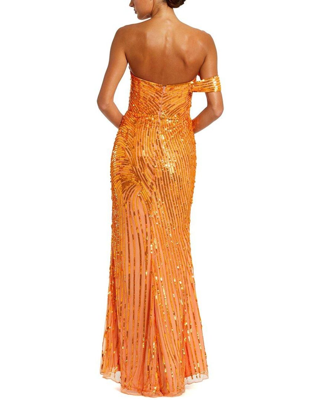 Mac Duggal Orange One Shoulder Mesh Sequin Gown With Slit