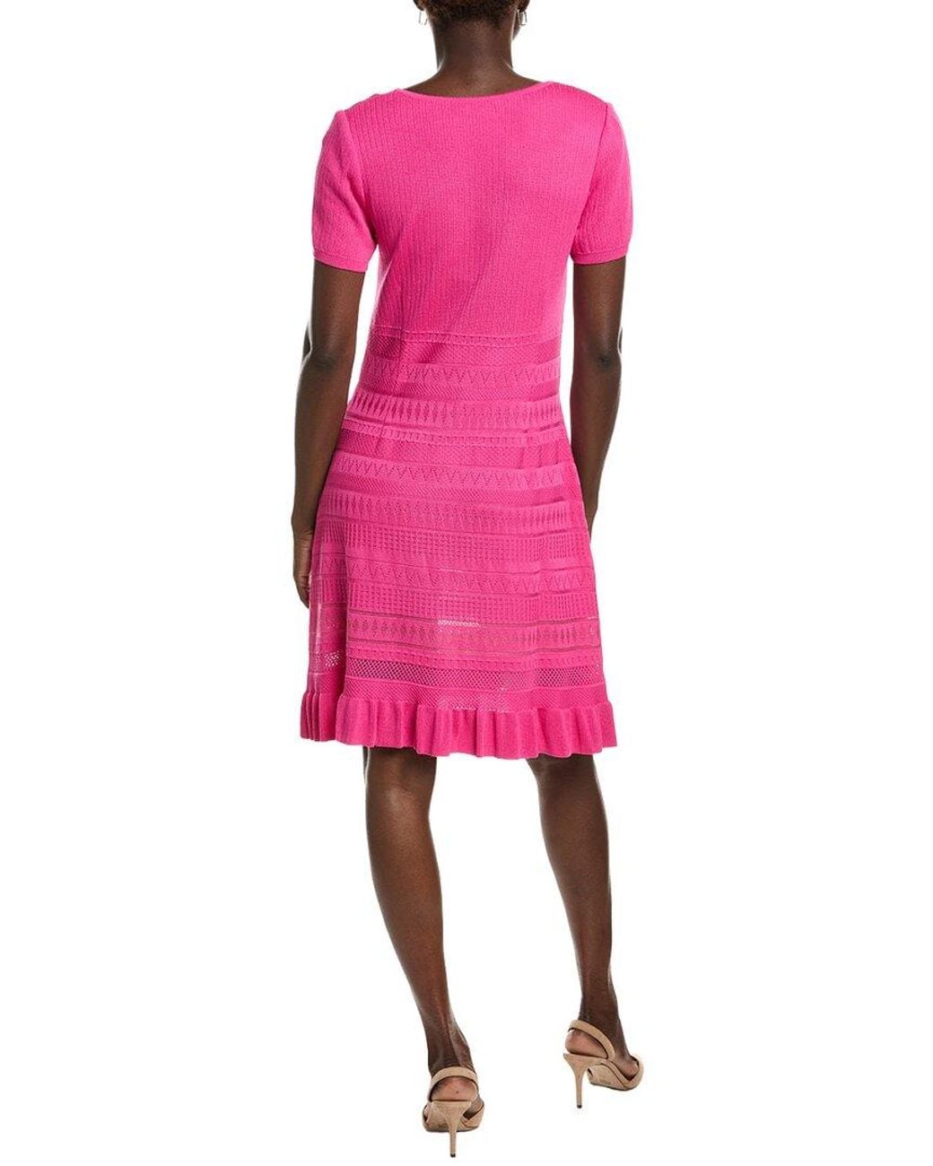 Ming Wang Pink Pointelle & Burnout Knit A-Line Dress
