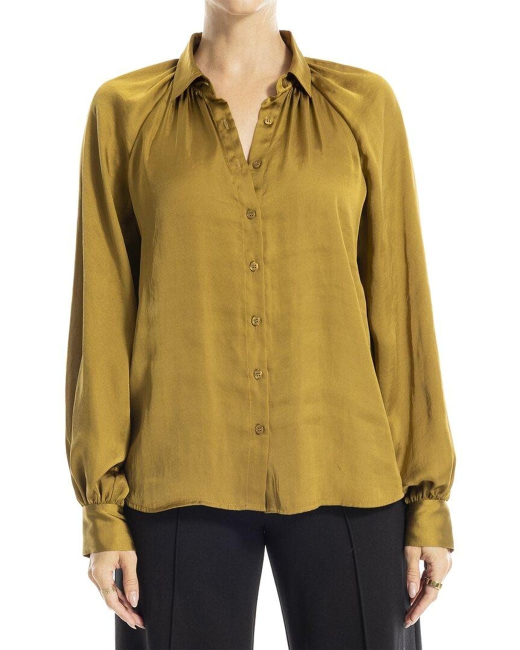 Max Studio Natural Long Sleeve Button Front Blouse