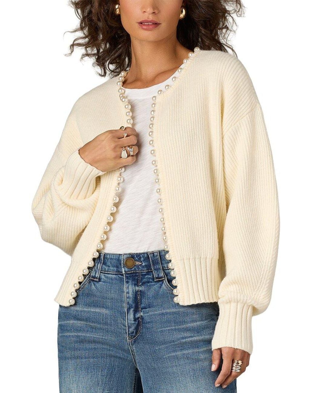 Wit & Wisdom Natural Petite Pearl Trim Cardigan