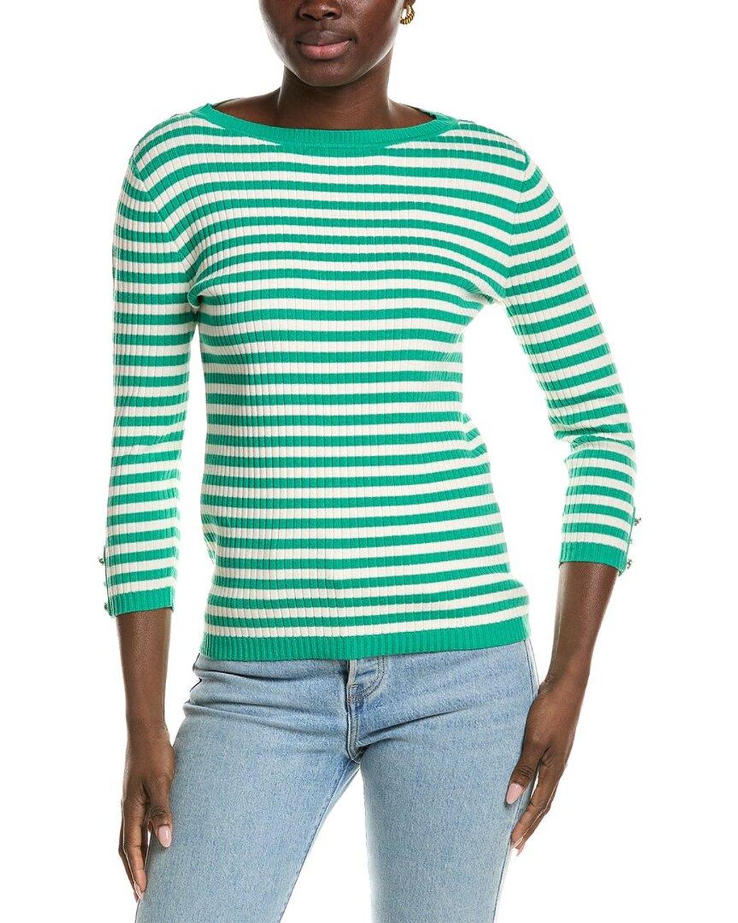 Jones New York Green Rib Boat Neck Stripe Top