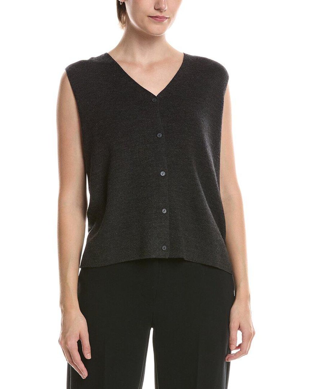Eileen Fisher Black Wool V-Neck Vest