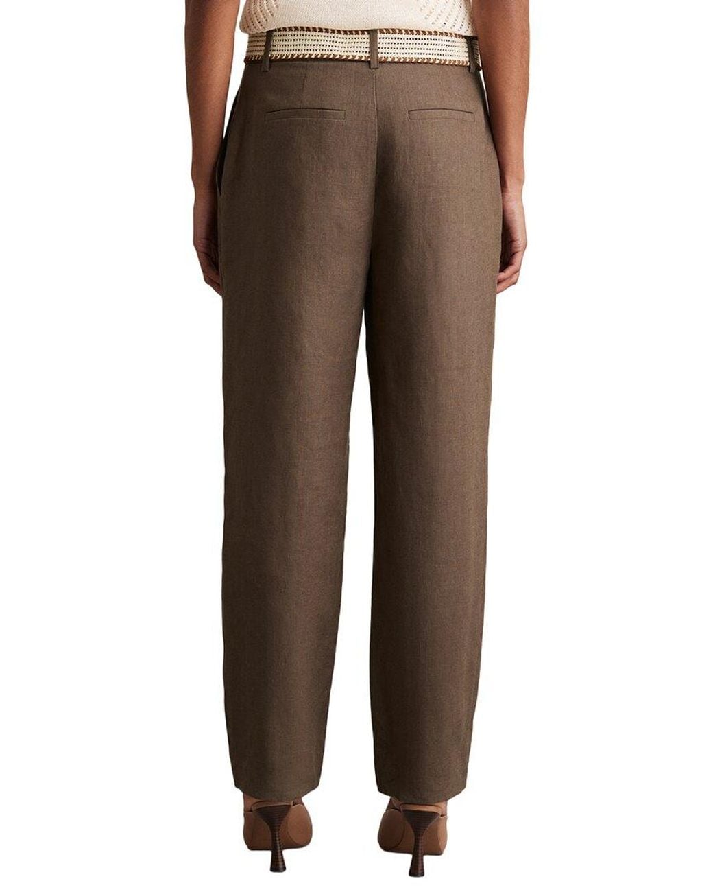 Reiss Brown Beau Belted Linen Taper Trouser