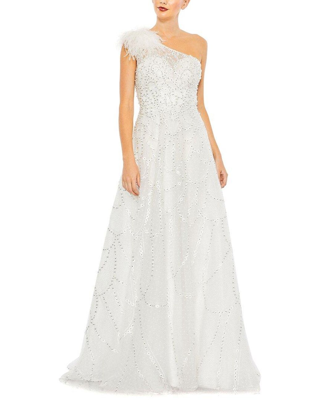 Mac Duggal White Embellished One-shoulder A-line Gown