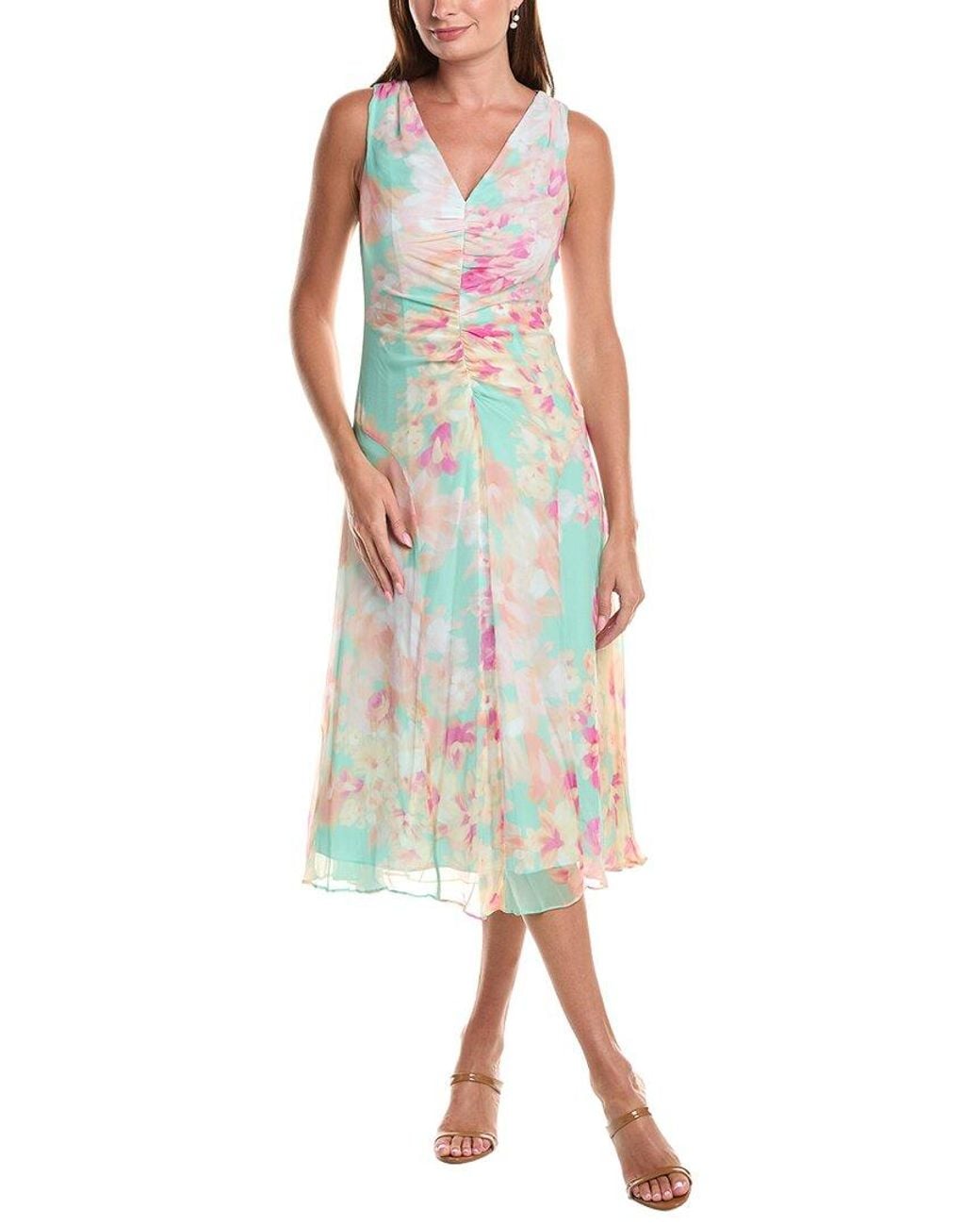 Teri Jon Green Chiffon Print V-Neck Ruched Front Silk Midi Dress