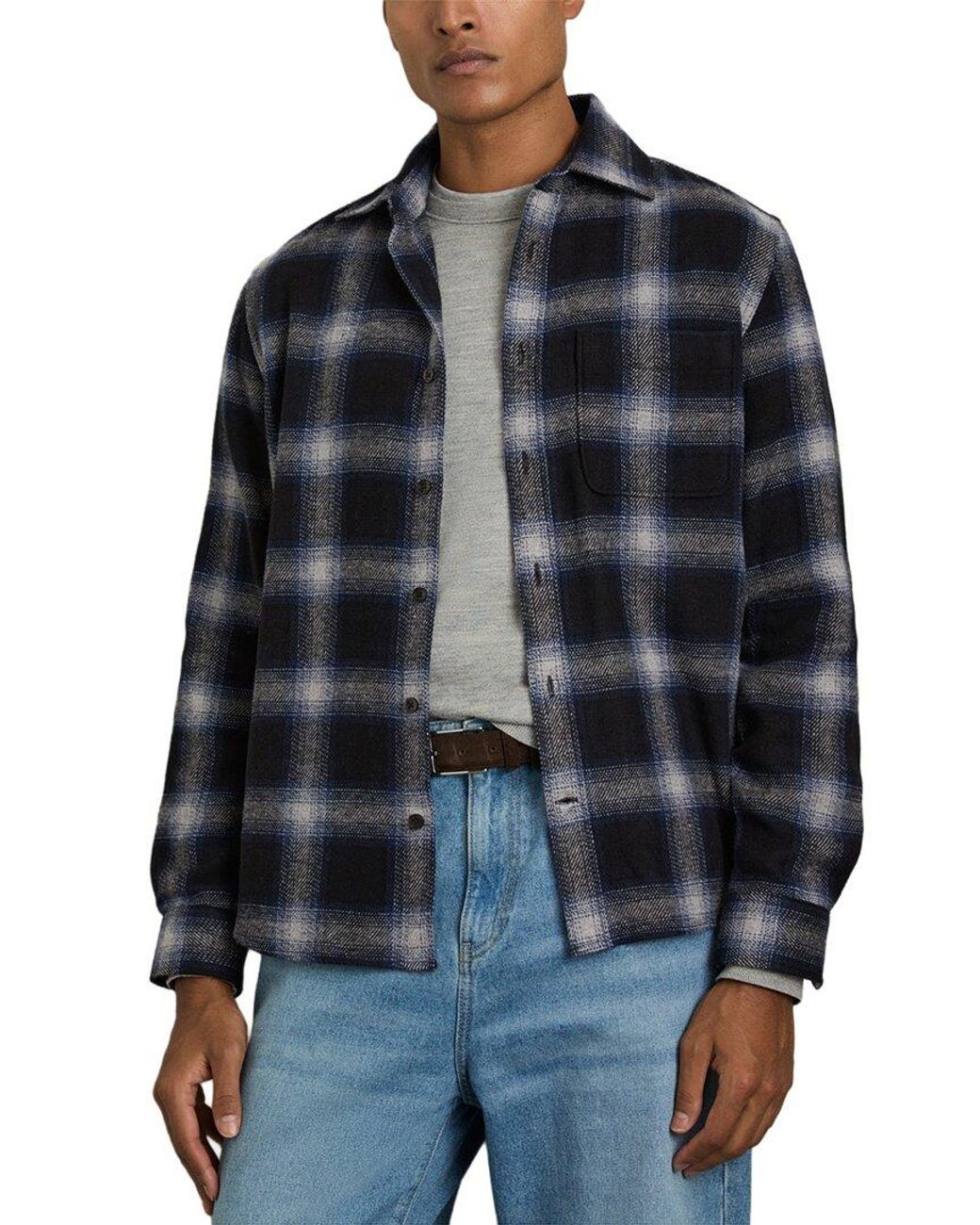 Reiss Black Crosby Wool Check Patch Wool-Blend Casual Shirt for men