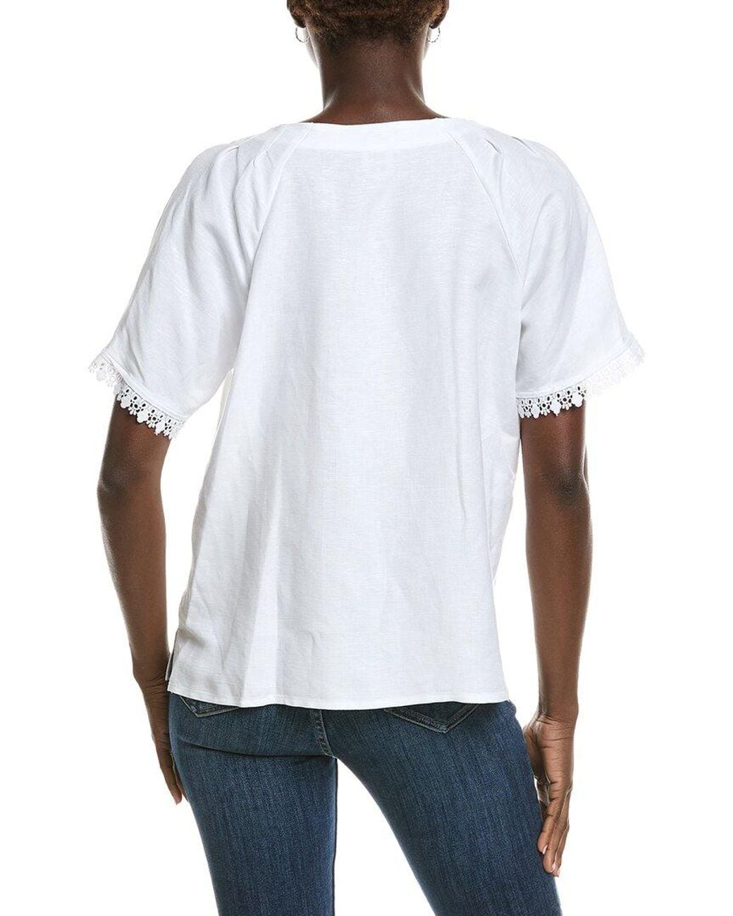 Anne Klein White Pleated Neck Raglan Linen-Blend Blouse